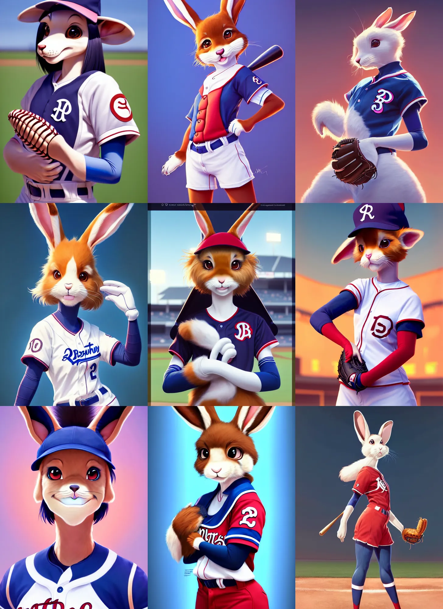 Image similar to beautiful portrait of a female anthropomorphic rabbit fursona wearing a baseball uniform in a baseball stadium. character design by disney, charlie bowater, ross tran, artgerm, and makoto shinkai, detailed, soft lighting, rendered in octane