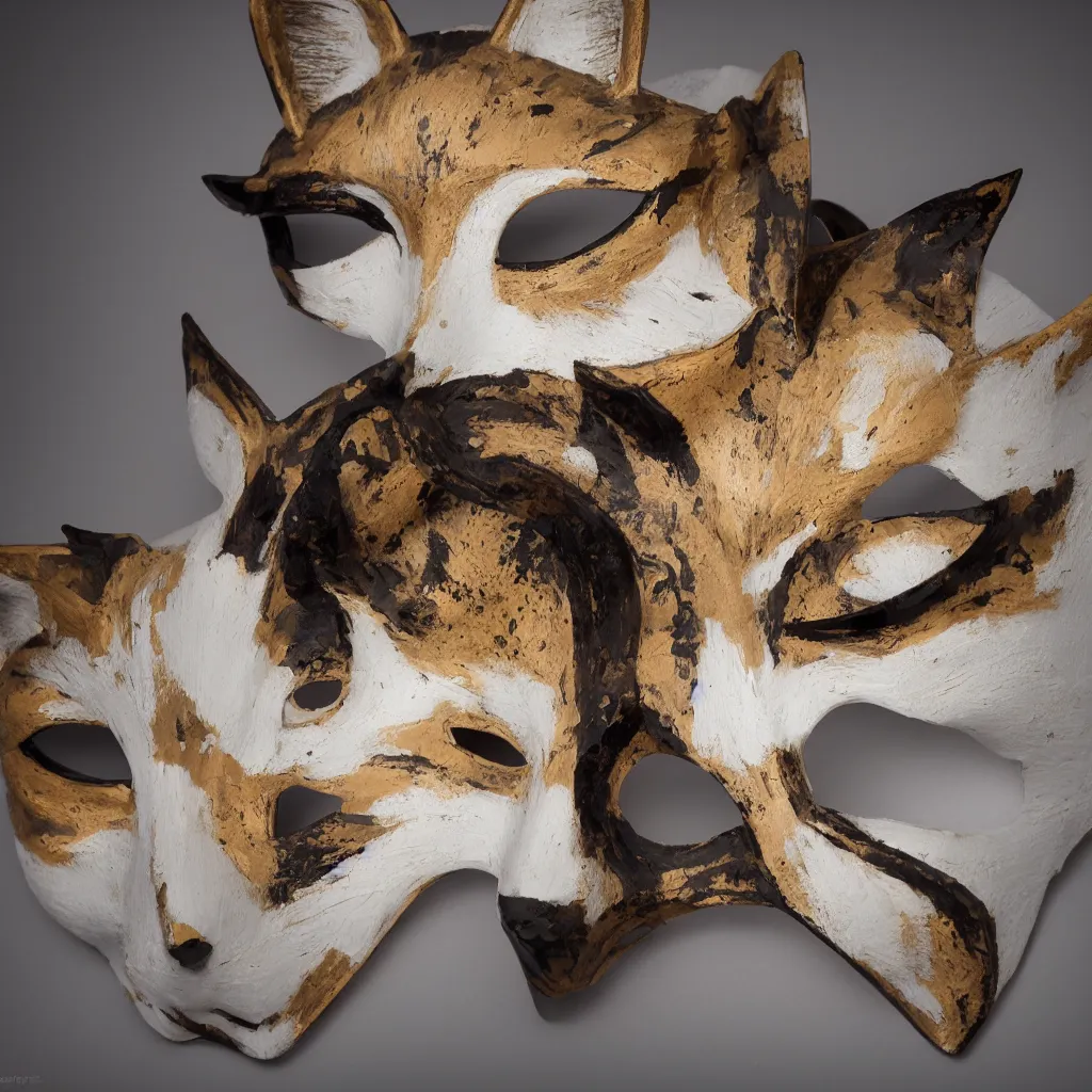 Prompt: photo of kitsune mask, still life, natural lighting, studio, iso 1 0 0, shutter speed 1 2 5, aperture 8, award winning