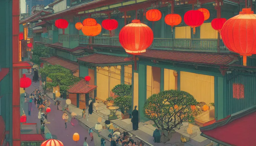 Prompt: a vibrant dream of looking out from a balcony at many large japanese lanterns on a fancy street in kyoto japan during the day, lush plants, magic details, by moebius, edward hopper, james gilleard, and james jean, hd, 8 k, trending on artstation, uhd,