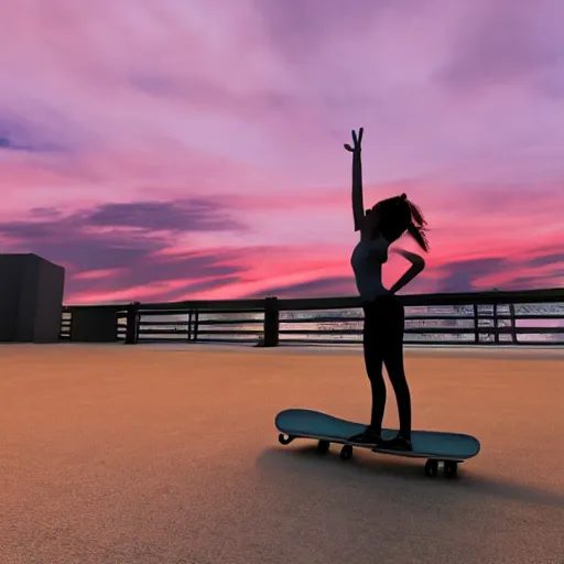 Image similar to skater girl in california at sunset, 4 k, 3 d