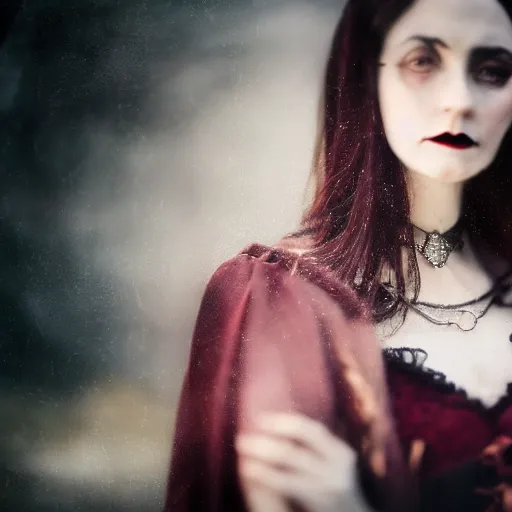 Image similar to A beautiful portrait of a lady vampire, victorian, '20, ominous, dracula, depth of field, bokeh, irwin penn, soft light, cinematic