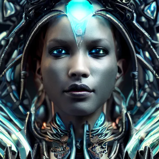 Prompt: beautiful black female evil cyborg druid android queen, made of glass, bright glowing veins, in clouds, ultra realistic, concept art, intricate details, serious, highly detailed, photorealistic, octane render, 8 k, unreal engine, art by todd mcfarlane and artgerm and greg rutkowski and alphonse mucha