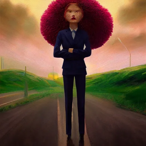 Prompt: giant daisy flower head, frontal, girl in a suit standing on street, surreal photography, sunrise, dramatic light, impressionist painting, digital painting, artstation, simon stalenhag