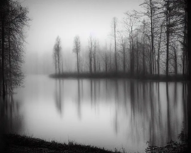 Prompt: lake by Andrei Tarkovsky, mist, fairytale, lomography effect, photo, monochrome, photo blurring, 35mm