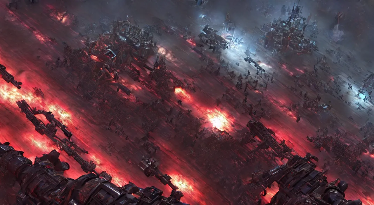 Prompt: Adeptus Astartes shooting in a Hellscape world