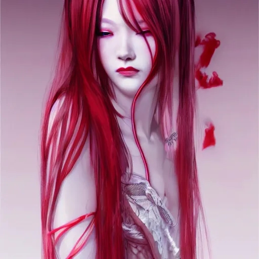 Image similar to albino maiko with very long fantasy hair, dluent composition, red and white neon, concept art, intricate details, highly professionally detailed, cgsociety, highly detailed -