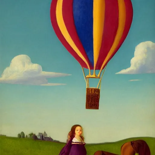 Image similar to a girl and her horse enjoy a hot-air balloon show by Raphael, Hopper, and Rene Magritte. detailed, romantic, enchanting, trending on artstation.