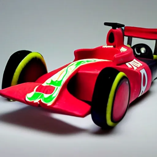 Prompt: a formula 1 racecar, made out of watermelon carving pieces,