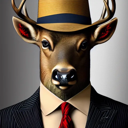 Image similar to a upper body portrait of a deer in a pinstriped suit and pants wearing a fedora with the antlers sticking out of the fedora by artgerm and wlop, intricate detail, digital art, photorealistic, trending on artstation