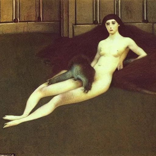 Image similar to And what rough beast, its hour come round at last, slouches towards Bethlehem to be born?, painted by Fernand Khnopff