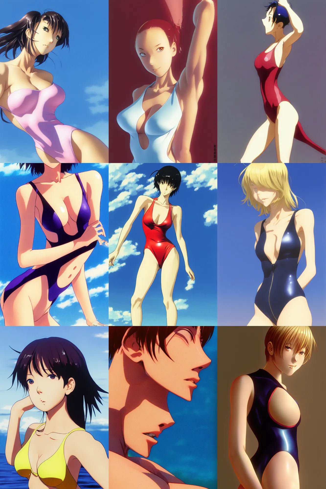 Image similar to close - up, accurately shaped face, volumetric light, posing in one - piece swimsuit. by takashi takeuchi, yoshiyuki sadamoto, amagaitaro, makoto shinkai, krenz cushart, asao urata, pixiv. 9 0 s