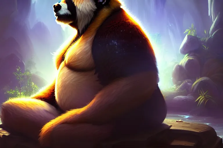 Image similar to [ important ] amazing portrait of a pandaren meditating [ / important ], hearthstone splash art, deiv calviz, splash art, natural light, elegant, intricate, fantasy, atmospheric lighting, by greg rutkowski, hearthstone splash art, hd wallpaper, ultra high details, cinematic composition