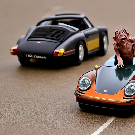 Prompt: gollum driving a porsche