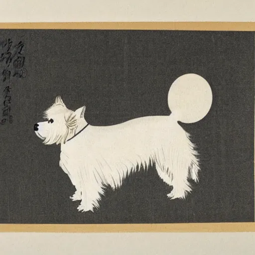 Prompt: Japanese woodblock print of a brewery with a west highland white terrier