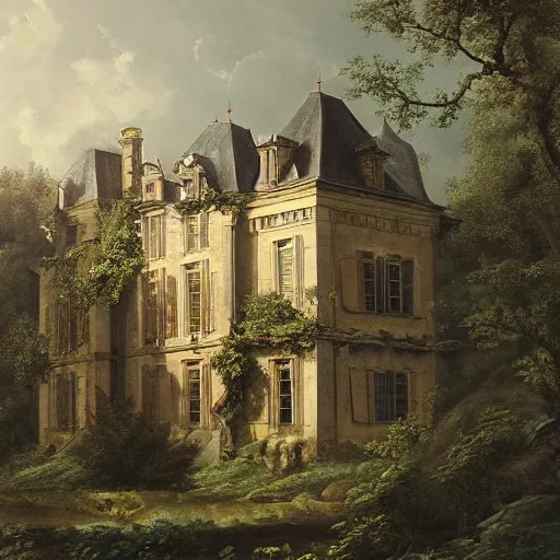 Image similar to a large serene beautiful matte painting of a delapitaded quaint french country castle in a state of disrepair, covered in vines, by asher brown durand and george ault featured on artstation