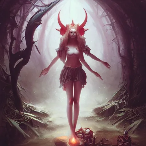 Prompt: cute girl lost in satanic ritual by peter mohrbacher and emmanuel shiu and martin johnson heade and bastien lecouffe - deharme