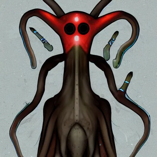 Prompt: one eyed squid like enemy type character inspired by deoxys from Pokemon, this being lives in the snow wasteland and feeds on lost souls, it has umbrakinesis and cryokinesis and is being designed for the resident evil game series with inspiration from the silent hill gaming franchise the character itself has skin like snow