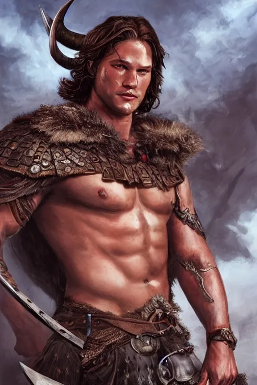 Image similar to front portrait of attractive sam winchester as a viking warrior, clothes torn apart, muscular chest tattooed with runes and symbols, d & d!, fantasy style, sharp focus!, ultra detailed, art by artgerm and peter andrew jones, wlop