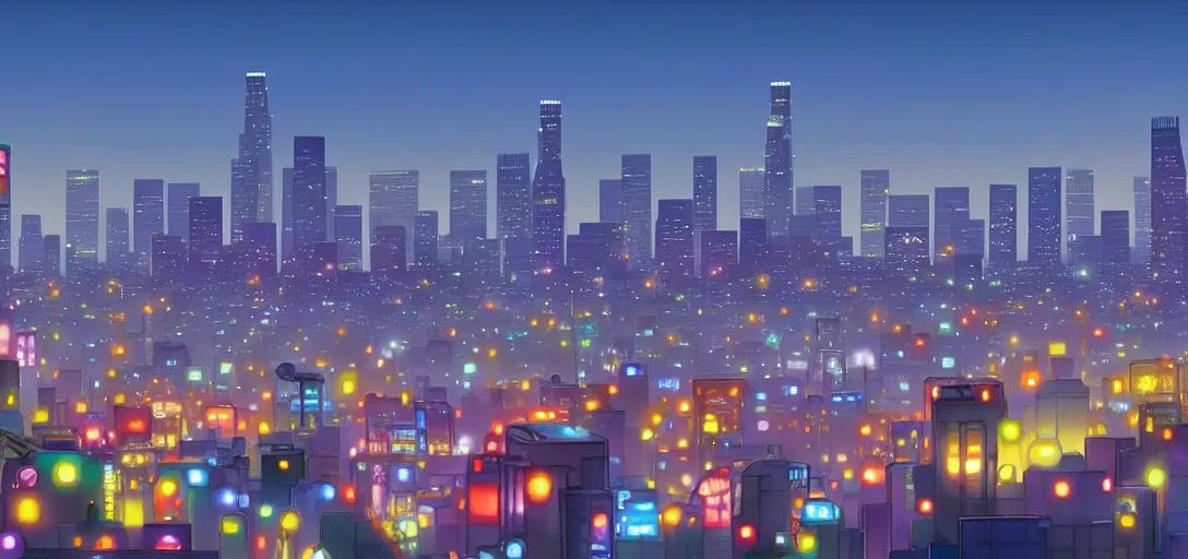 Prompt: visual development los angeles skyline cityscape by takashi murakami, pixar disney dreamworks sony animation, artstation behance pinterest, the art of books, unreal engine 5, extreme backlighting, chiaroscuro, cinematic, animation film still,