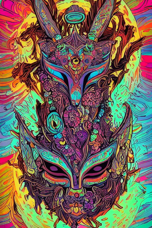 Image similar to animal mask totem roots flower tribal feather gemstone plant wood rock shaman vodoo video game vector cutout illustration vivid multicolor borderlands comics by josan gonzales and dan mumford radiating a glowing aura