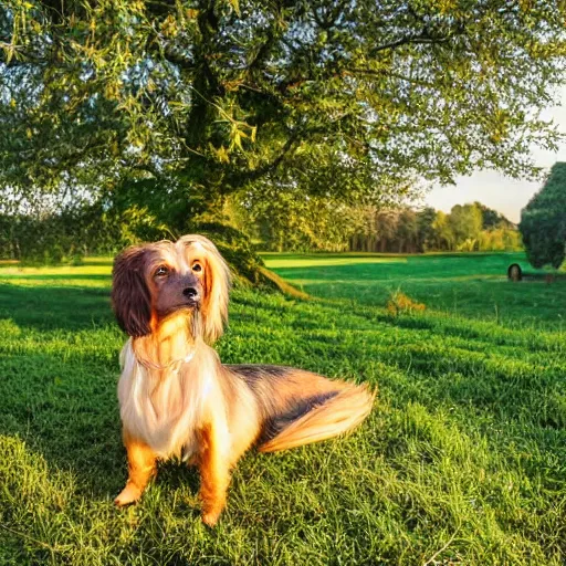 Image similar to the cutest looking mutt who is half long haired dachshund and half shih tzu, laying under a tree on a farm, golden hour, promised land, corn,