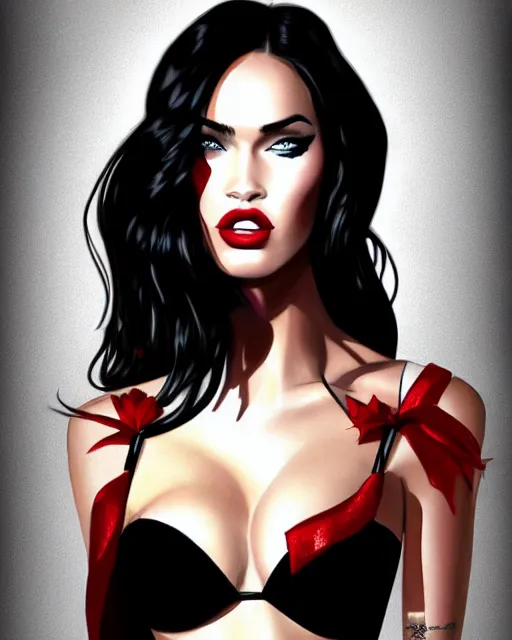 Image similar to closeup portrait beautiful seductive megan fox with long windblown hair in a black party dress, red lipstick, glamour pose, detailed illustration, digital art, trending on artstation, arney freytag, graffiti, gta 5,