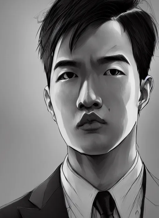 Prompt: a highly detailed illustration of attractive short black haired young asian man wearing suit, yellow eyes, dramatic thinking pose, intricate, elegant, highly detailed, centered, digital painting, artstation, concept art, smooth, sharp focus, league of legends concept art, WLOP