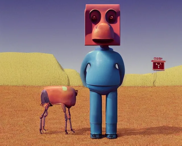 Image similar to Anthropomorphic Animatronic walking beef machine, painting by Grant Wood, 3D rendering by Beeple, directed by Wim Wenders, cinematography by Robby Müller