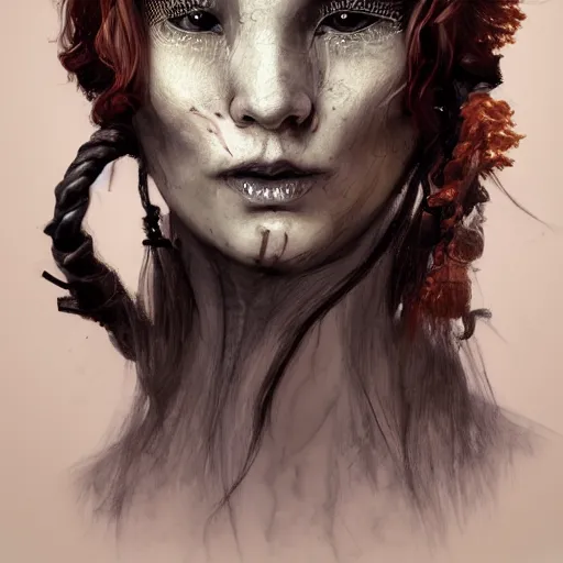 Image similar to portrait of a Shibari rope wrapped face and neck, headshot, insanely nice professional hair style, dramatic hair color, digital painting, of a old 18th century, tourist, witch, amber jewels, baroque, ornate clothing, scifi, realistic, hyper detailed, child, chiaroscuro, concept art, art by Franz Hals and Jon Foster and Ayami Kojima and Amano and Karol Bak,