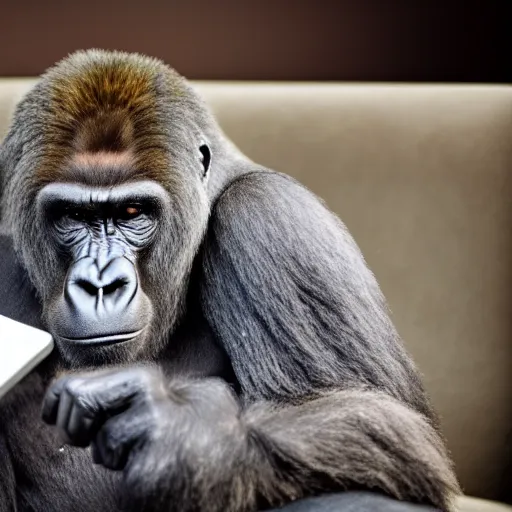 Prompt: middle-aged gorilla sits on a couch with an iPad, depressed, dull color