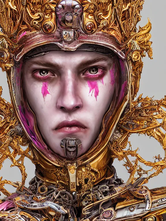 Prompt: portrait art of 8k ultra realistic golden eyed boy,intricate pink crown, detailed intricate ornate armour,decaying, cybernetic, full of colour, cinematic lighting, battered, trending on artstation, 4k, hyperrealistic, focused, extreme details,unreal engine 5, cinematic, masterpiece, art by ayami kojima, giger