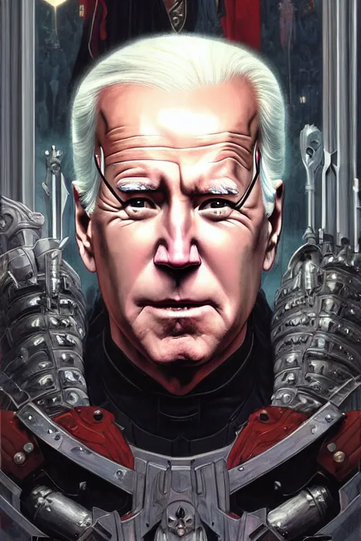 Image similar to portrait of joe biden goth cyborg with white hair in warhammer armor, art by kuvshinov ilya and wayne barlowe and gustav klimt and artgerm and wlop and william - adolphe bouguereau