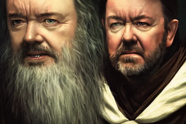 Image similar to closeup portrait of a ricky gervais as an elder wizard, lord of the rings, dramatic light, gorgeous view, depth, high detail, digital art, painted by greg rutkowski and seb mckinnon, by marguerite anderson, trending on artstation