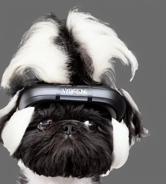 Image similar to a 4 k photorealistic photo of a black shih - tzu puppy wearing a vr headset on her head