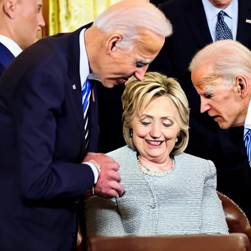 Image similar to joe biden deeply sniffing hillary clinton's hair on her head from behind at the white house