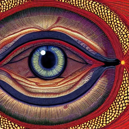 Prompt: A beautiful illustration a large eye that is looking directly at the viewer. The eye is composed of a myriad of colors and patterns, and it is surrounded by smaller eyes. The smaller eyes appear to be in a state of hypnosis, and they are looking in different directions. crimson by Paul Laffoley, by Brad Kunkle soothing