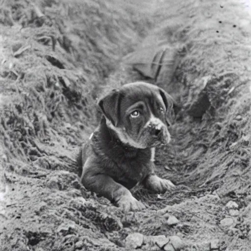 Image similar to Puppy in ww1 trench, war photo, film grain