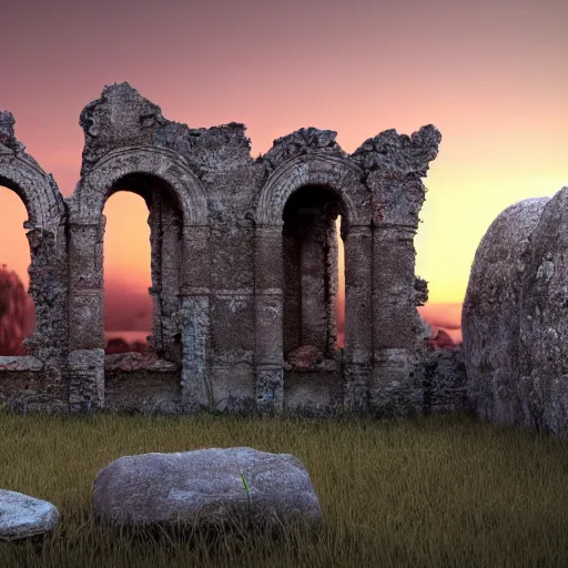 Image similar to 8 k hd detailed octane render of an ancient ruin at twilight