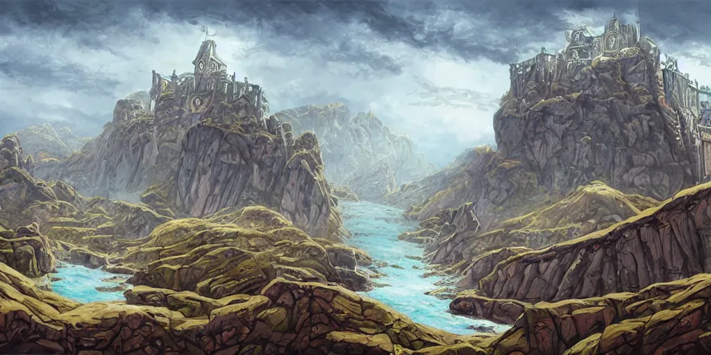 Image similar to artwork of the twin fortress by david wyatt