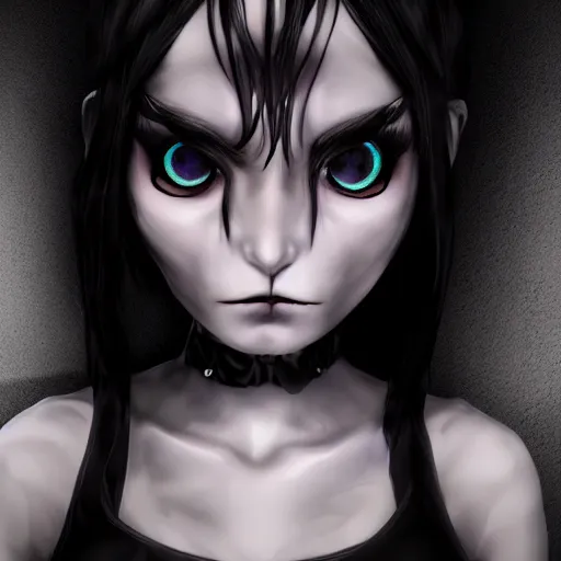 Prompt: full shot portrait of angry darkness anime girl, gothic clothing, worrying eyes, inspired by Tim Burton, detailed, unreal engine 4k volumetric light, fog,