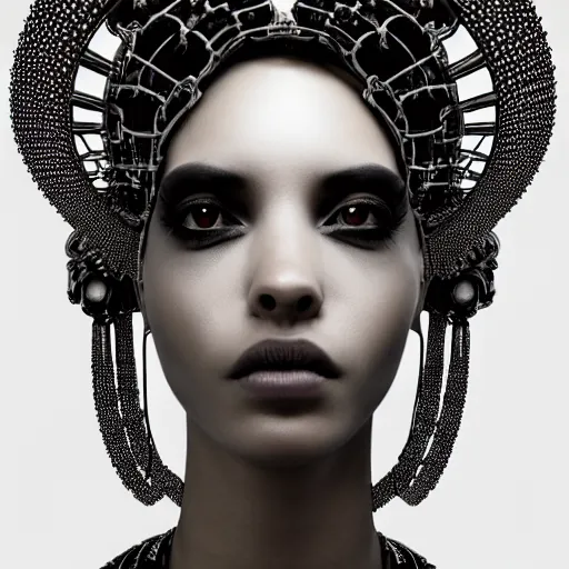 Prompt: portrait of an absurdly beautiful, graceful, sophisticated, fashionable black cyberpunk mechanoid gravure idol, fashion photography, hyperdetailed illustration by irakli nadar, matt wisniewski style, intricate linework, dark black skin, jellyfish headdress, bone necklace, unreal engine 5 highly rendered, global illumination, radiant light, detailed and intricate environment