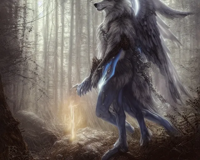 Image similar to 5 5 mm portrait photo of an armored holy angelic wolf with blue eyes and looking at the camera, glowing with holy lights, in a magical forest. magical atmosphere. art by greg rutkowski and luis royo. highly detailed 8 k. intricate. lifelike. soft light. nikon d 8 5 0.