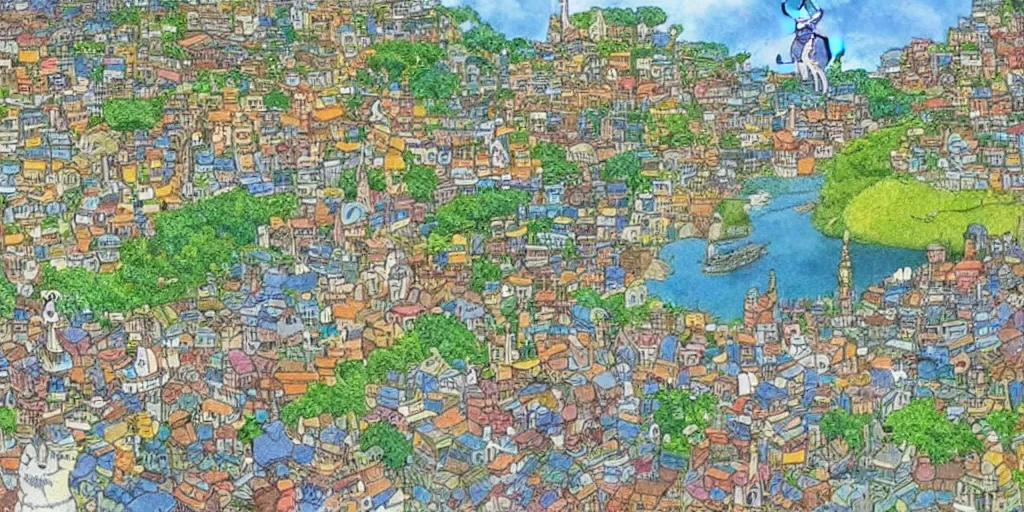 Prompt: cat looking at a sri lankan city, drawn by hayao miyazaki