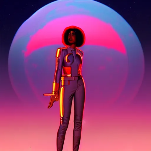 Image similar to 👩🏾🦱🛸, 8 0 s art deco, artstation, moebius + artgerm, hd,