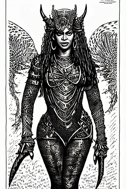 Image similar to beyonce as a d & d monster, full body, pen - and - ink illustration, etching, by russ nicholson, david a trampier, larry elmore, 1 9 8 1, hq scan, intricate details, inside stylized border