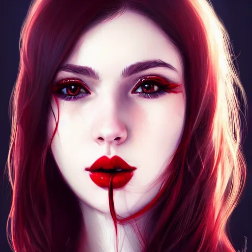 Prompt: a realistic illustration portrait of a beautiful cute girl with wavy black and red hair, a pointy nose and, round chin black eyeliner, trending on artstation, dynamic, hyper - realistic lighting, intricate, ross tran, realistic hair