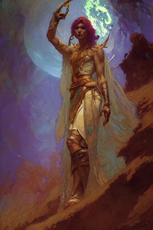 Prompt: pearlescent turquoise moon sorcerer, character design, painting by gaston bussiere, craig mullins, greg rutkowski, alphonse mucha