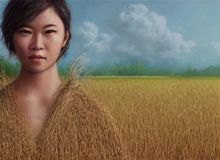 Prompt: realistic portrait photorealistic, background in the rice fields. woman in clothes made of rice straw. fine art, trending on artstation, smooth draw, sharp focus, good lighting, no anomalies.