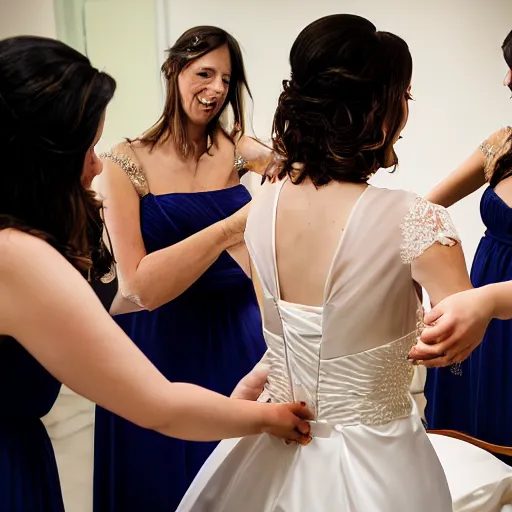 Image similar to professional fun souvenir photograph of a wedding dress fitting session. the bride is in the center of the photo.