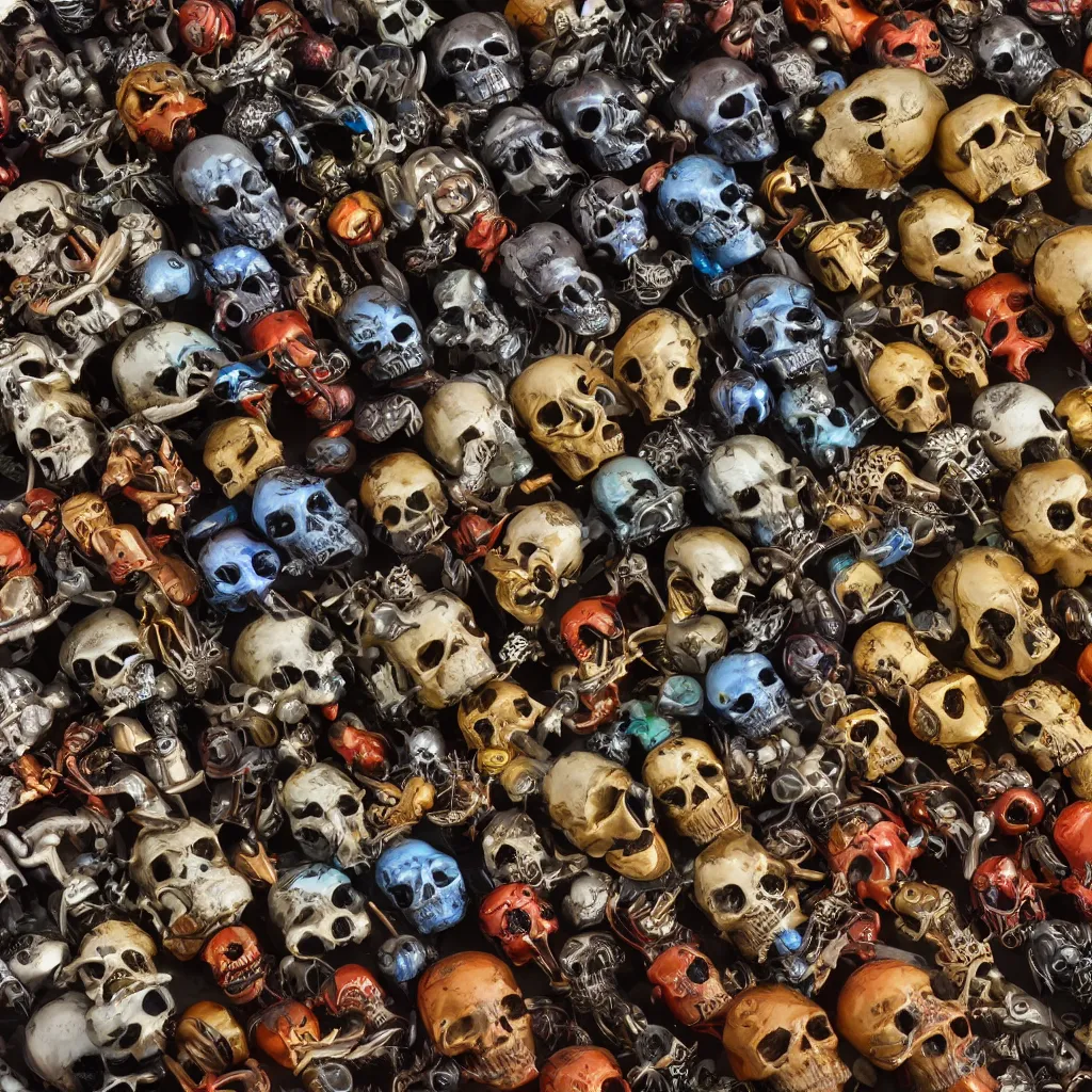 Prompt: a collection of rare large insects and metal skulls, inside different color wooden boxes. top down photo, close macro photo. cinema 4d render , studio photo, 8k